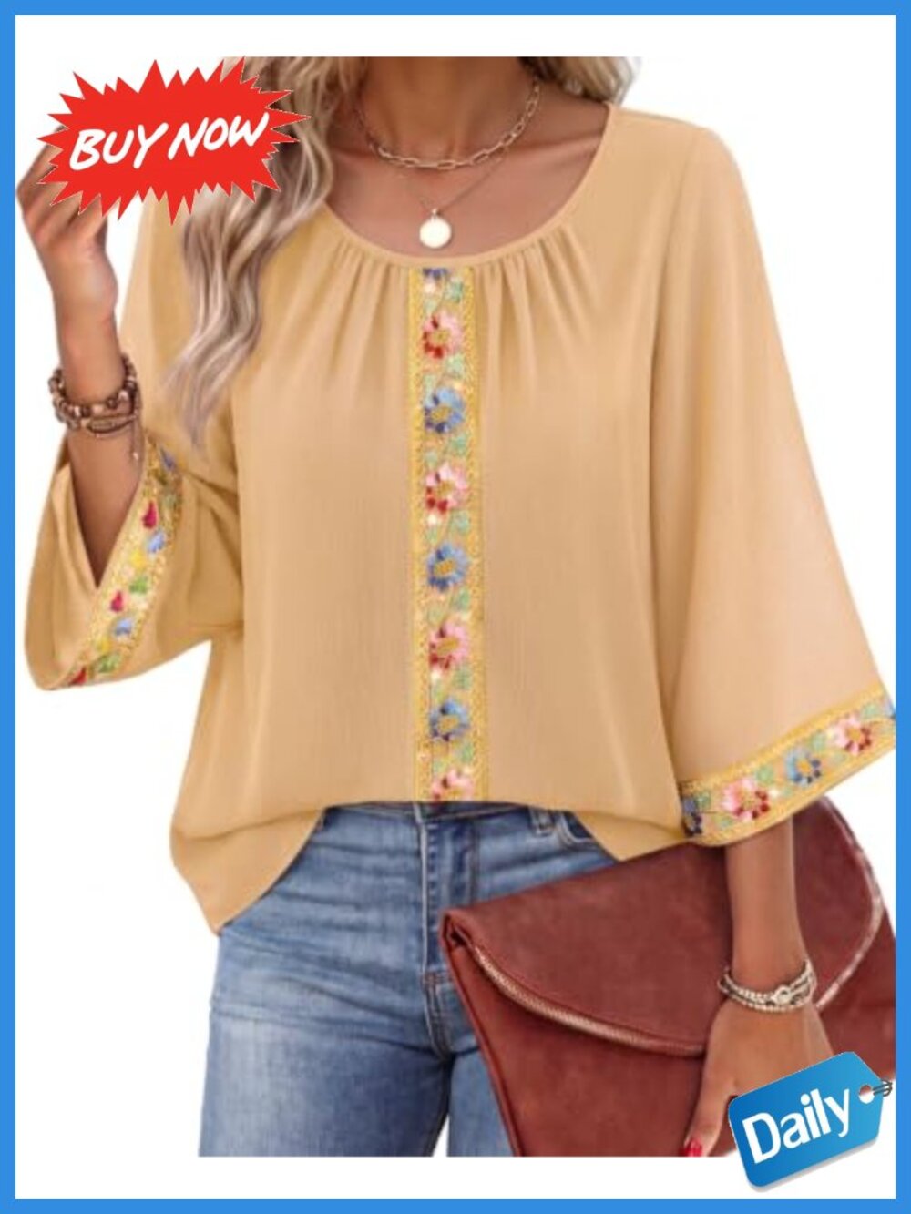 Embroidered Chiffon Blouse 3/4 Bell Sleeve Crew Neck Pullover Top